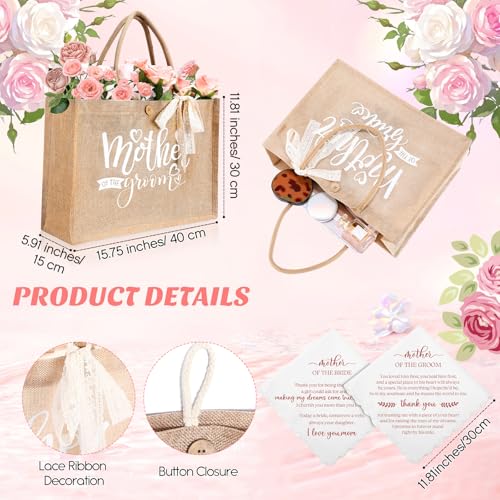 Hushee 2 Set Mother of Bride and Groom Gifts Set Includes Handbag Canvas Makeup Bag Acrylic Heart Decoration Wedding Handkerchief for Mom Mother in Law Bridal (Flower)2