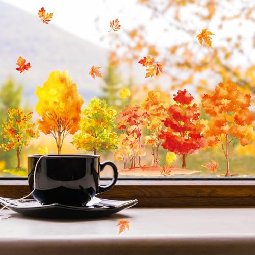 KALEFO 38pcs Autumn Window Clings Thanksgiving Fall Window Stickers Tree Yellow Maple Leaves Window Decals Stickers for Golden Autumn Glass Home Decor Thanksgiving Fall Decoration