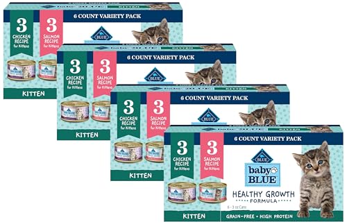 Image of Blue Buffalo Baby Blue Natural Kitten Wet Cat Food Pate Variety Pack, Healthy Growth Formula with DHA, High-Protein & Grain-Free, Chicken and Salmon Recipes, 3-oz Cans (6 Count, 3 of Each) (Pack of 4)
