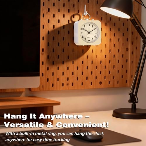 Image of AYRELY Small Metal Alarm Clock, Desk and Table Clock for Travel | Battery Operated Retro Silent Clock with Light for Bedroom, Bedside, Shelf and Living Room Decor (White)