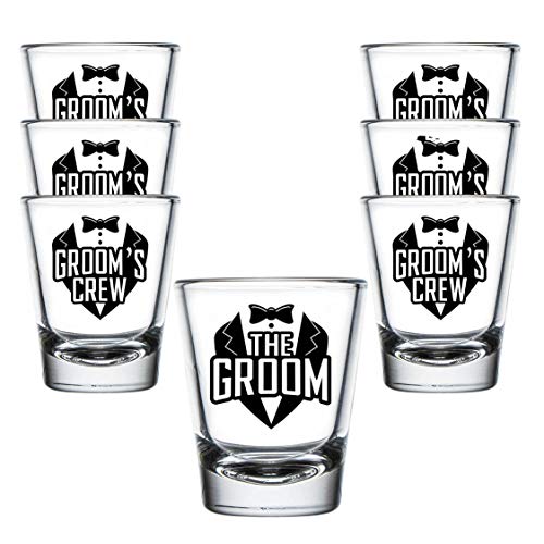 Product Image of the shop4ever The Groom Tuxedo and Groom's Crew Tuxedo Shot Glasses ~ Bachelor Party Favors ~ Wedding Shot Glasses (7 Pack)