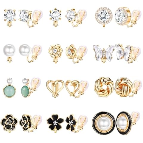 THUNARAZ 12 Pairs Comfortable Clip on Earrings for Women Sparklrd Crystal Clip Earrings CZ Cute Butterfly Flower Pearl Clip on Stud Earrings Non Piercing Jewelry Gold Cover