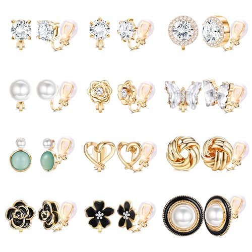 THUNARAZ Comfortable Clip on Earrings for Women Sparklrd Crystal Clip Earrings CZ Cute Butterfly Flower Pearl Clip on Stud Earrings Girls Non Piercing Jewelry