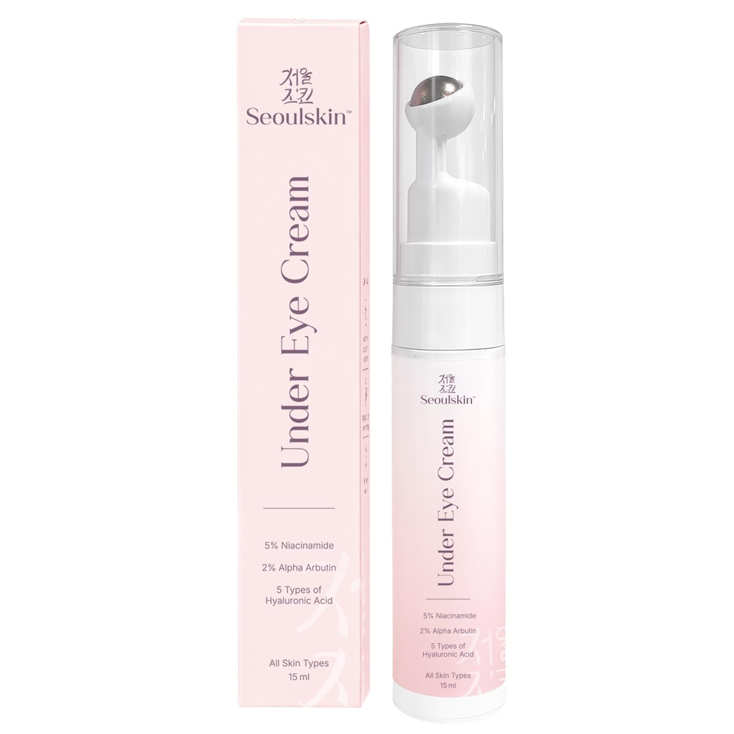 Seoulskin under eye cream | dark circles removal for women and men | Under Eye Gel to Reduce Dark Circles, Puffiness & Wrinkles With Built-in Cooling Massage Roll-On Applicator | 5% Niacinamide, 2% Alpha Arbutin | 15 ml