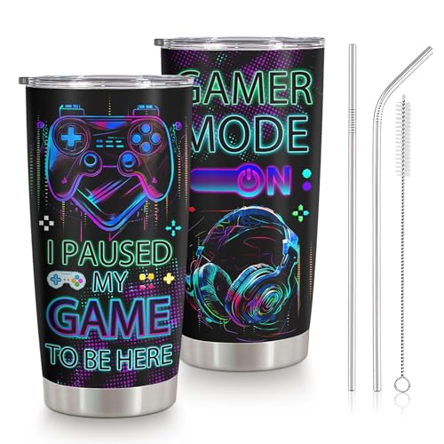 Gamer Geschenk, 600ml Gaming Thermobecher mit Strohhalm, Edelstahlbecher Zocker Zubehör Set inkl, Geschenke für Gamer Zocker, Robuster Gamer Becher für Männer Jungs PC Gaming Zimmer Deko, 20oz