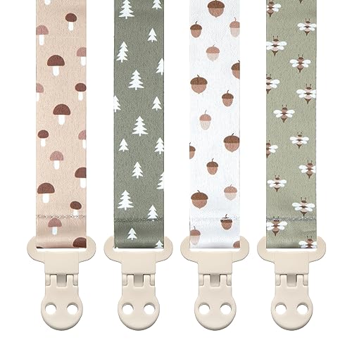 Image of Stadela Baby Pacifier Clip Holder - Girl or Boy Unisex 4 Pack Gift Set – Woodland Mushrooms Bees Neutral Green Beige (Forest)