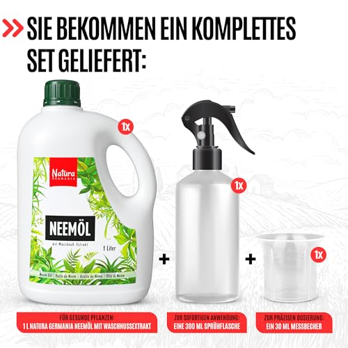 Natura Germania® Neemöl 1000ml mit Waschnußextrakt mit Sprühflasche und Messbecher - Ergibt 100 LITER sprühfertige Lösung - Neem Spray zur natürlichen Pflanzenpflege für Zimmerpflanzen/Gartenpflanzen
