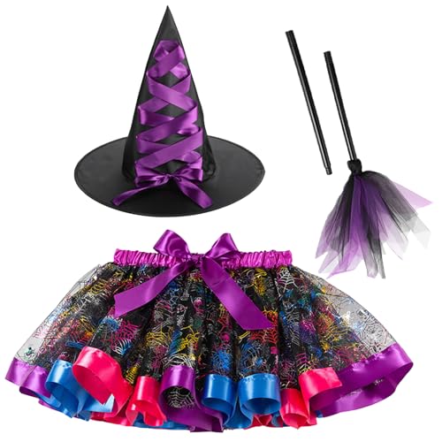 Image of Happy Cherry Toddler Girls Witch Tutu Skirt Set with Hat & Broomstick 3 Pcs Dress Up Halloween Outfits 3-8Y