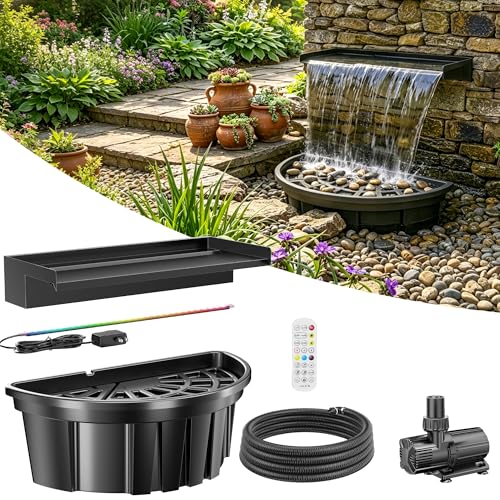 POPOSOAP Teich-Wasserfall-Set 6000 L/h selbstkreislaufendes Wasserfeature mit bunten LED-Lichtern teichfreier Wasserfall ohne zusätzlichen Bauaufwand für Garten & Hinterhof Deko