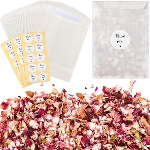 Tenare 50 Sets Wedding Confetti Bags Kit for 45-50 Guests, Includes Biodegradable Natural Dried Flower Confetti Dried Rose Petals Glassine Paper Bags Stickers for Wedding Anniversary(Elegant)