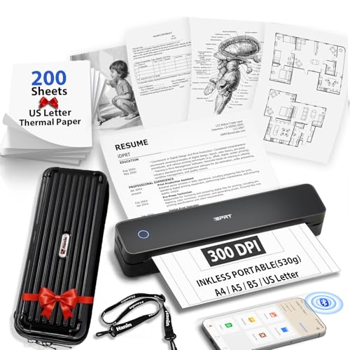Image of Inkless Portable Printer for Travel, Wireless Thermal Printer with 1Case and 200pcs Paper Kit Supports 8.5 x 11 inch US Letter, A4, 610Pro 300DPI Small Bluetooth Printers for Phone Home Office Car, Black