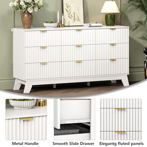 Image of Wodeer 9 Drawer Fluted Dresser for Bedroom, Mid Century Modern Dresser with 9 Drawers, Dressers & Chests of Drawers with Metal Handle, TV Stand & Storage Organizer for Entryway, Hallway, White
