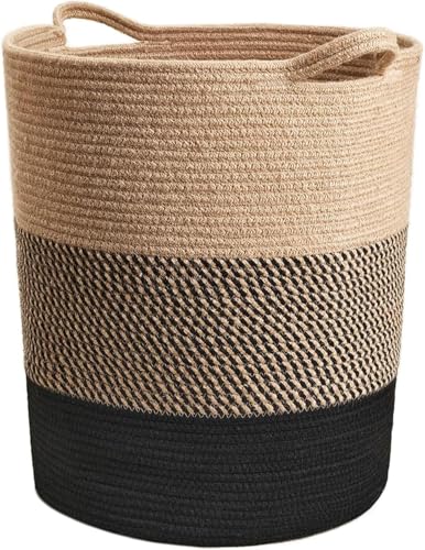 ALBY® Large Rope Basket - Tall Laundry Basket Hamper for Dirty Clothes Woven Jute Storage Basket for Blanket in Living Room Toy Basket for Nursery Storage, 17.8" x 15.8" x 13.8" (BLACCK & JUTE)