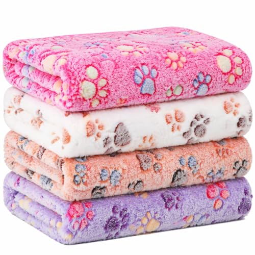 Tatuo 4 Copertine per Pet Cuccioli Coperte in Pile con Stampa di Zampe per Gatto Piccolo Medio Tappetini da Letto Caldi Morbidi per Dormire per Animali Cane(L,Bianco, Caffè, Rosa, Viola)