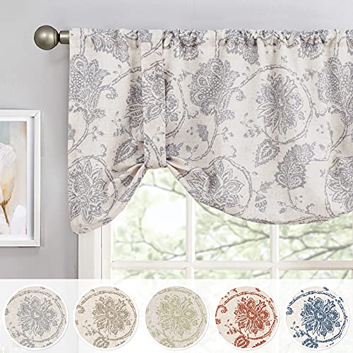JINCHAN Valance Curtain Kitchen Farmhouse Window Valance for Living Room Linen Scroll Paisley Valance for Bedroom Bathroom Decor Floral Printed Tie Up Valance 20 Inch 1 Panel Rod Pocket Gray on Beige