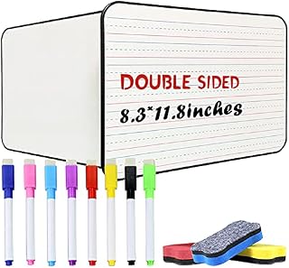 OWill Lined Dry Erase Board for Kids Mini Whiteboard A4, Ruled & Blank Kids Small Whiteboard Writing Learning at Home, Double Sided Portable Whiteboard with 8 Markers & 3 Erasers (Black)