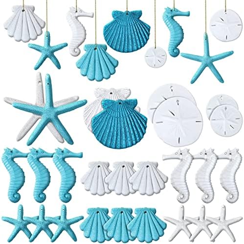 26 Pcs Resin Starfish Ornaments, Decorations, Sand Beach Ocean Themed Christmas Ornaments Seashell Decor for Christmas Tree Home Wedding