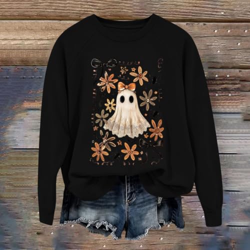 ENCURKUS Halloween Sweatshirt Women Cute Ghost Spooky Season Pullover Tops - image 3