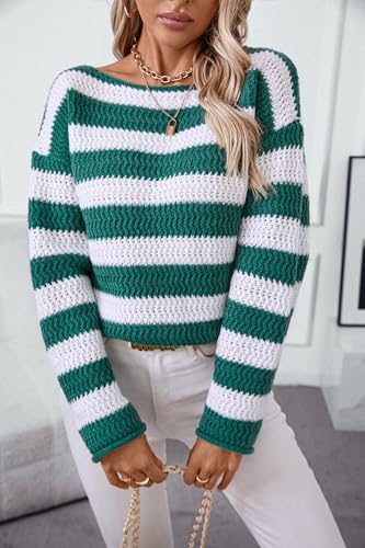 Womens 2025 Long Sleeve Crew Neck Striped Sweater Casual Loose Color Block Pullover Knit Jumper Tops2