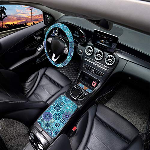 6 PCS Vintage bohemian Car Accessories, Bohemia for Steering Wheel Cover,Vehicle Center Console Armrest Cover Pad,Bohemian Hand Sanitizer Keychain,2PCS Quarter Holder Keychain,Wristlet Keychain - Thumbnail 6