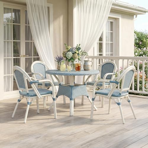 Image of PURPLE LEAF French Bistro Armchairs Set of 4, White Finish, Light Blue