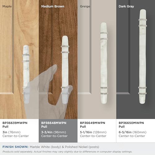 Image of Amerock | Cabinet Pull | Marble White /Polished Nickel | 3-3 /4 inch (96 mm) Center to Center | Carrione | 1 Pack | Drawer Pull | Drawer Handle | Cabinet Hardware
