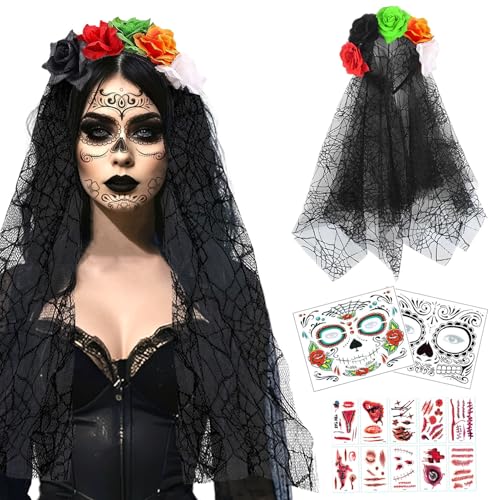Byhsoep Diadema Halloween Mujer,Velo Della Morte Cerchietto di Halloween con 2 Tatuaje Cara Catrina,10 Tatuajes de Cicatrices de Halloween,Diadema Flores Mexicana para el Carnaval (Multicolor)