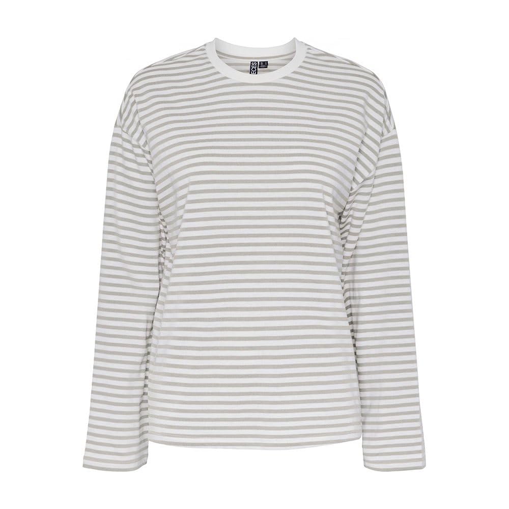 PIECES Women's Pcsadie Ls Top Noos Longsleeve T-Shirt, Cloud Dancer/Stripes: lgrm, S