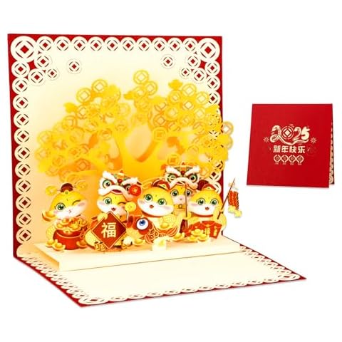 WhatSign Chinese New Years Cards - 3D Pop Up Cards 2025 Year of The Snake Greeting Cards Lunar New Year Cards for Kids Family Friends Spring Festival Happy Chinese New Year Gifts Cards with Envelope Cover
