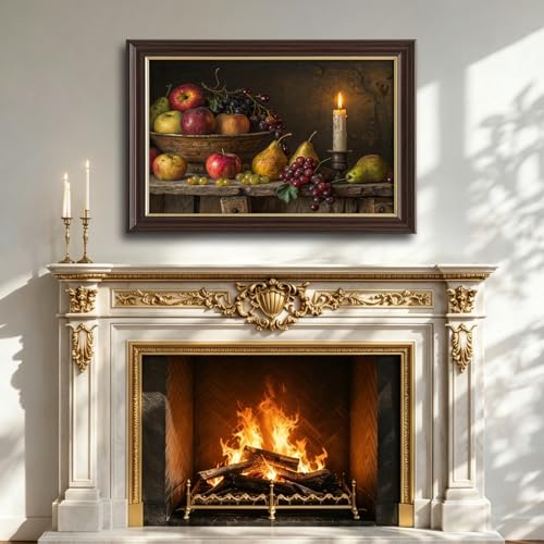 Image of Antique Framed Fruit Still Life Canvas Art, Candlelit Rustic Farmhouse Oil Painting Canvas Prints, Vintage Kitchen Wall Decor Pictures for Living Room Bedroom Home