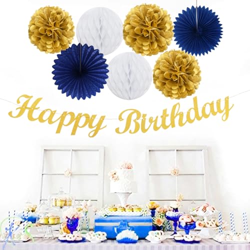 Image of Navy-Blue Gold Birthday Party-Decorations Paper-Flowers - 14pcs Happy Banner Royal Lanterns Tissue Pom Poms,Men Streamers Garland Fans Honeycomb,Teen Boys Male Kids Hanging Supplies Decor Hugfond