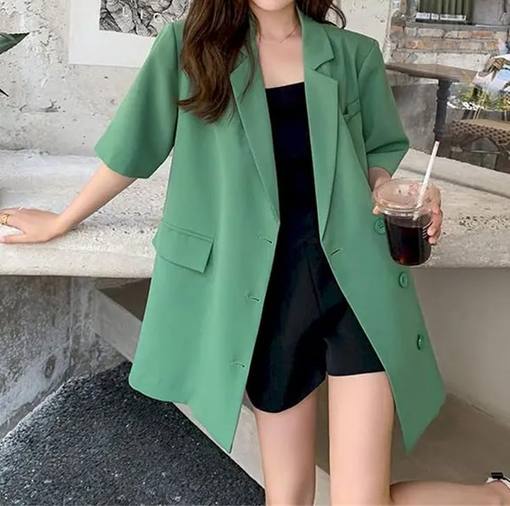 Women Oversized Mid-Length Short Sleeve Blazer Loose Thin Casual Design Suit Coat3