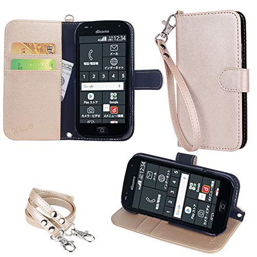 wisers らくらくスマートフォン F-42A / me F-01L 対応 手帳型スマホケース (ゴールド) 着脱しやすい (カードホルダー/スタンド機能付き) ストラップ 2種付き (ハンドストラップ/ネックストラップ)