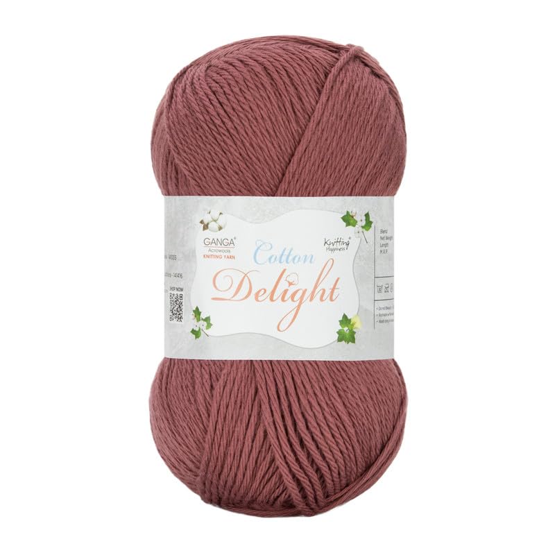 Image of Ganga Acrowools Cotton Delight, Dk Weight Cotton Yarn, Oekotex Class L Certified 100G, 169M, Pack of 1 Ball - 100gm Each, Shade No. - COD102 Mauve