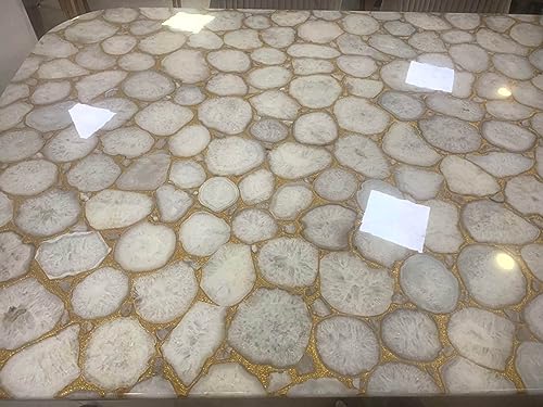 Mesa de oficina de ágata blanca con lámina dorada, azulejos de baño hechos a mano, mesa de comedor de ágata, mesa de café de patio de lámina dorada, 91 x 183 cm