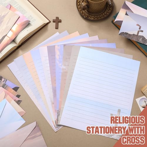 Image of TaoBary 160 Pcs Stationery Paper Set 50 Double Sided Stationery Papers with 50 Matching Envelopes and 60 Round Dot Sticker, 10 Design(Religious Letter with Cross,8.5 x 11 Inch)