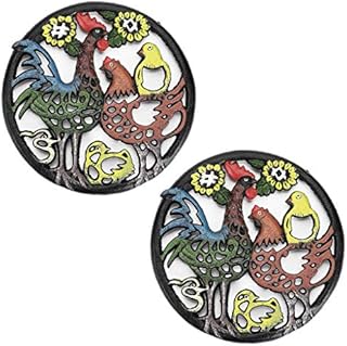 SUMTREE 2pcs Cast Iron Painted Cock Family Trivet 8" Decorative Trivet Mat Hot Pot Holder Pads for Kitchen Or Dining Table (Cock)