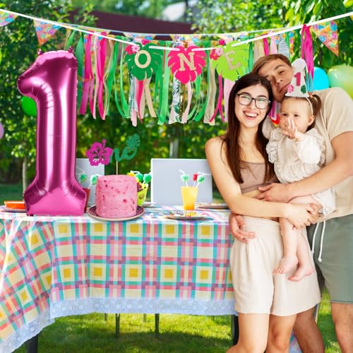 Image of Hawaiian Aloha High Chair Banner for 1st Birthday Party Decoration Tropical Hawaiian Luau One High Chair Tassel Garland Banner for Girls Baby Shower Moana 1st Birthday Party Backdrop Decoration
