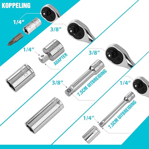 DURATECH 121-delige gereedschapsset voor monteurs, inclusief SAE/metrische dopsleutelset, ratel met 72 tanden, 40-in-1 magnetische schroevendraaier en inbussleutels met draagbare gereedschapskist voor - Afbeelding 3