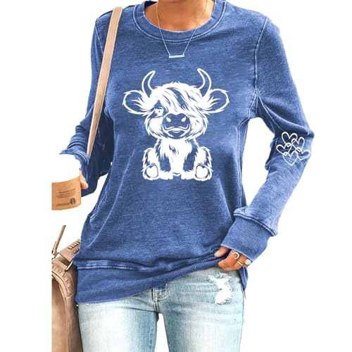 Image of Highland Cow Sweatshirt Cow Sweatshirts Western Cow Print Shirt Cute Highland Cow Sweatshirts for Women Country Sweatshirts for Women Highland Cow Print Casual Sweatshirt for Women Blue
