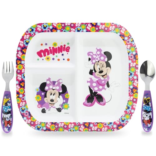 Sorrisini Vaisselle Réutilisable Minnie, Assiettes Divisées 3 Pièces, Set Sevrage pour enfants, Assiette et Couverts en Acier Inoxydable, Vaisselle en...