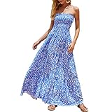 Timathous Women's Summer Strapless Tube Top Maxi Dresses Off Shoulder Boho Beach Long Dress (109-Blue Floral-M)