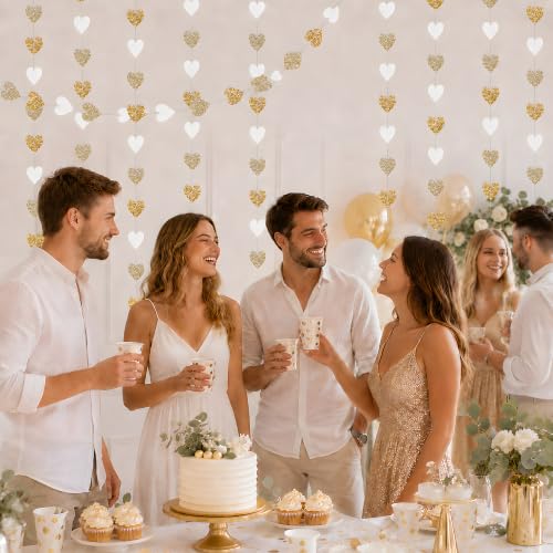 Image of Engagement Party Decorations - White Gold Champagne Heart Streamers Garland