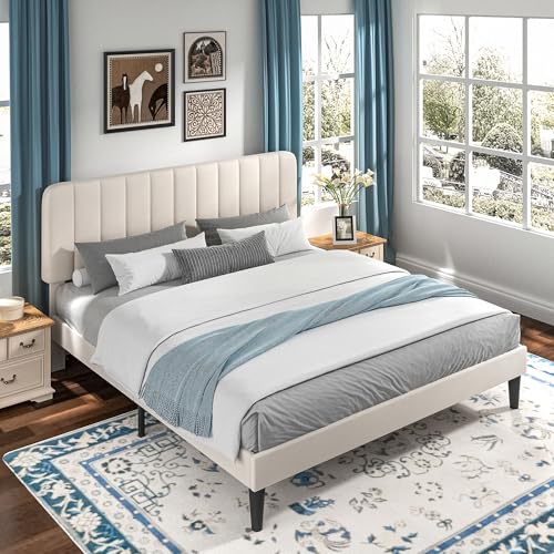 Image of VECELO King Size Bed Frame with Upholstered Headboard, Velvet Platform Bedframe Mattress Foundation, Strong Wood Slat Support, No Box Spring Needed,Velvet Beige