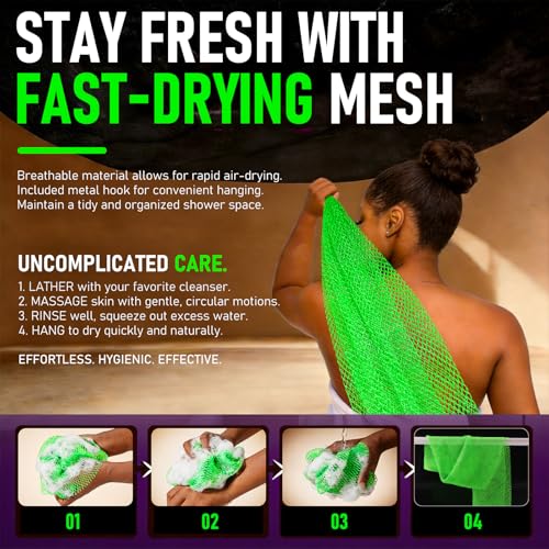 Image of Authentic African Net Sponge, 2 Pack Exfoliating Body Scrubber & Back Scrubber, Gentle Deep Cleansing for Shower, for Men & Women (Black & Green)
