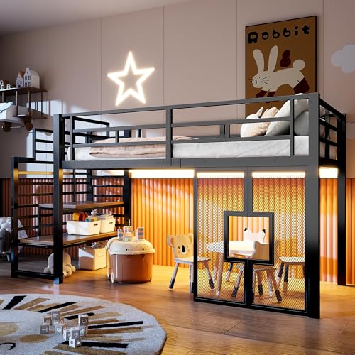 Gelukueub Estructura de cama alta de metal con escaleras, espacio de almacenamiento, iluminación LED y ventanas (negro)