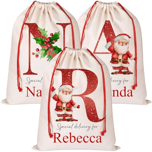 Bslenjoy Saco de Papá Noel personalizado con inicial y nombre, monograma personalizado del alfabeto, bolsas de con cordón para regalos de vacaciones, bolsas de saco de Nochebuena