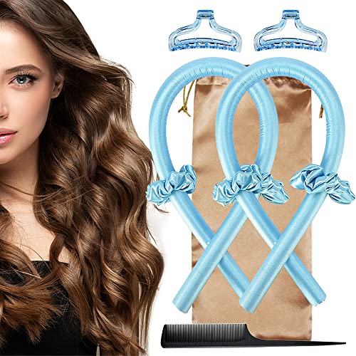 2 Pcs Heatless Curling Rod Headband ,100% Silk Soft Foam Heatless Hair Curlers For Long Hair, Heatless Curls, No Heat Silk Curls Headband, Curling Rod for Natural Hair in Overnight(Blue)
