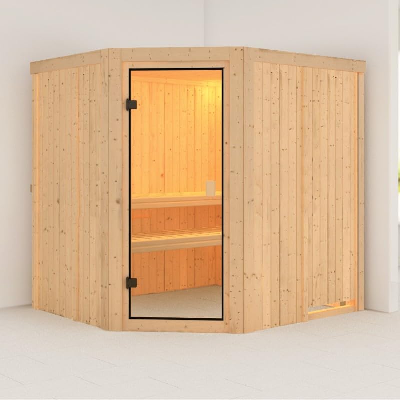 Karibu BODO | Sauna d'Angle Traditionnel 5-6 Places 196x178x198cm | Poêle 9kW, Épicéa Massif 68mm, Porte Vitrée Bronze, Ventilation Optimisée | Kit...