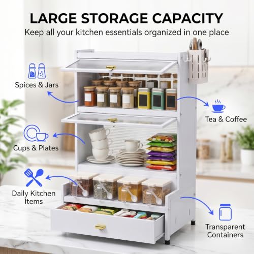 Image of Kitchen Storage Cabinet | Kitchen Cabinet with 2 Layer Kitchen Organiser, Drawer, 4 Storage Boxes & Side Holders | Dustproof Space Saving Carbon Steel Shelf | White 41 CM, Pack of 1